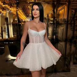 Smile ven eine Linie kurzes Hochzeits kleid Perlen Spaghetti bügel glänzende Glitzer Braut Kleider Mini Schatz Vestido de Novia 2024