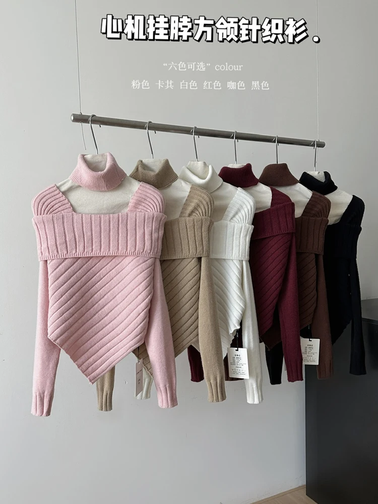 Autumn Winter Women Korean Fashion Pullovers Gyaru Square Collar Sweater Long Sleeve Knitwear 2000s Aesthetic Jumper Vintage Ne