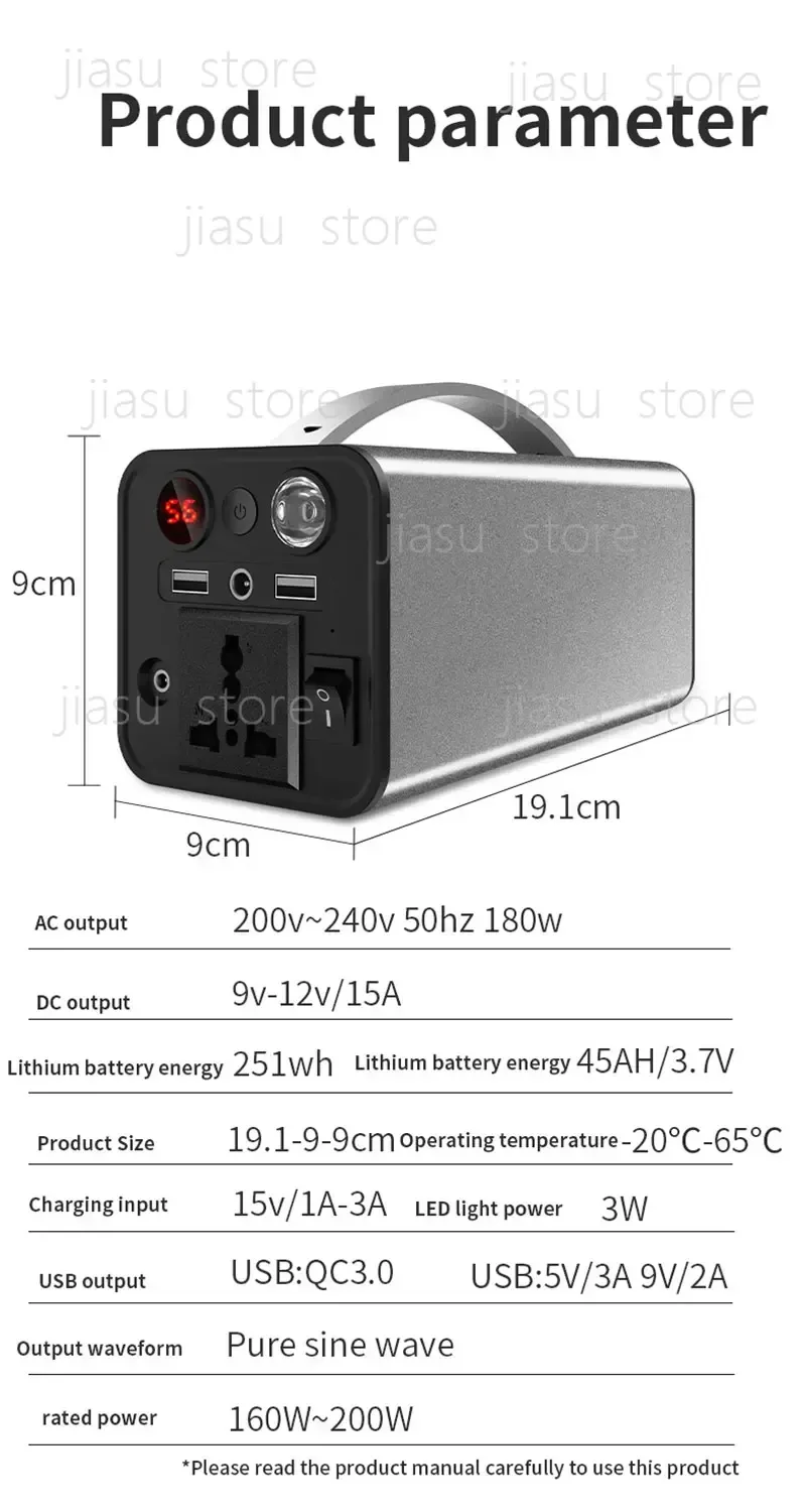 AC 220V 110V 180W 45000mAh Portable Outdoor Camping Power Bank DC 12V Car Charger Supply Inverter Laptop Battery Power Station