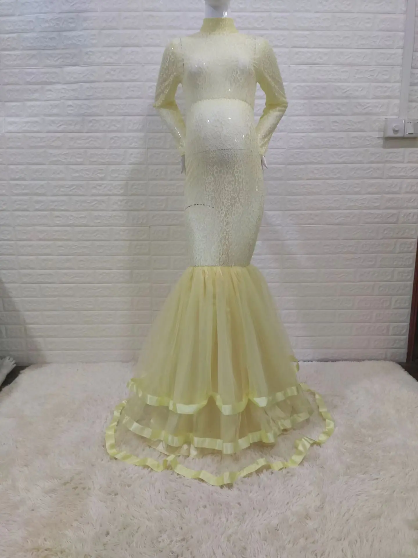 Robe Maxi en Dentelle Noire à Col Roulé pour Femme Enceinte, Tenue de Grossesse à Manches sulfpour Séance Photo