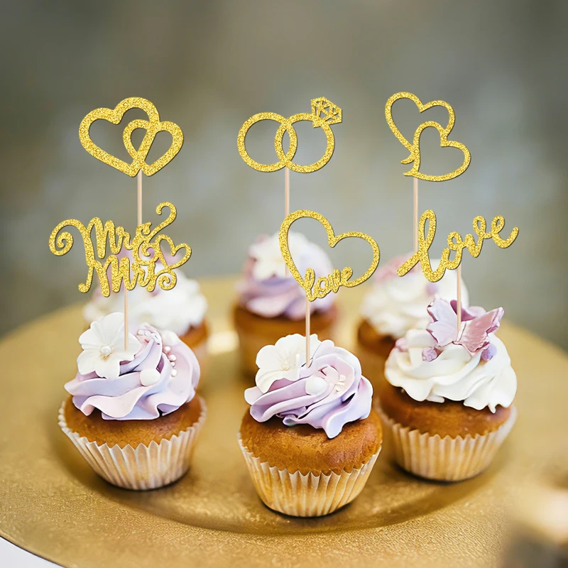 YOMDID 24 Stück Hochzeits-Cupcake-Topper, glitzernde Mr. & Mrs. Kuchenaufsätze, Doppelherzen, Liebesherzringe, Kuchenaufsätze, Hochzeitsdekorationen – Detail 9