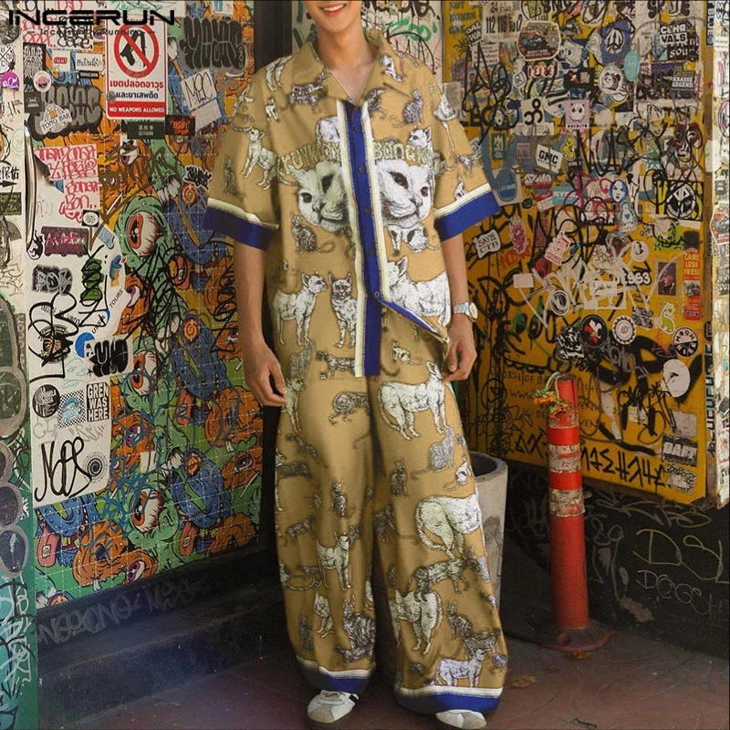 Incerun conjuntos masculinos impressão retalhos lapela manga curta camisa & calças duas peças define verão solto férias casuais ternos masculinos