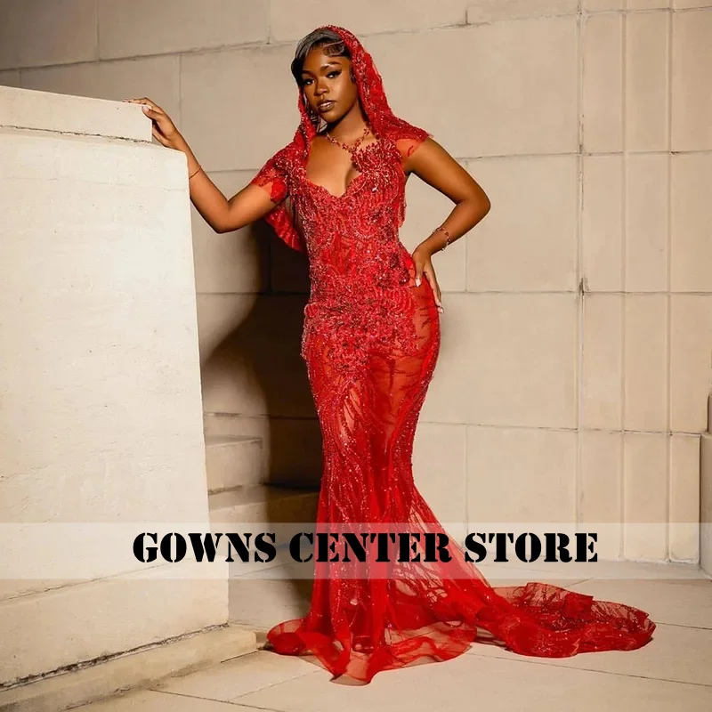 히잡이 달린 섹시한 시스루 레드 댄스 파티 드레스 라인스톤 인어 파티 가운 크리스탈 베스티도스 드 갈라 맞춤형