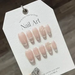 10pcs Light Luxury Simple French Ballet Nails Pure Color  Pearl Rhinestone Wearable Handmade Press on Nails Full Cover Nails Tip
