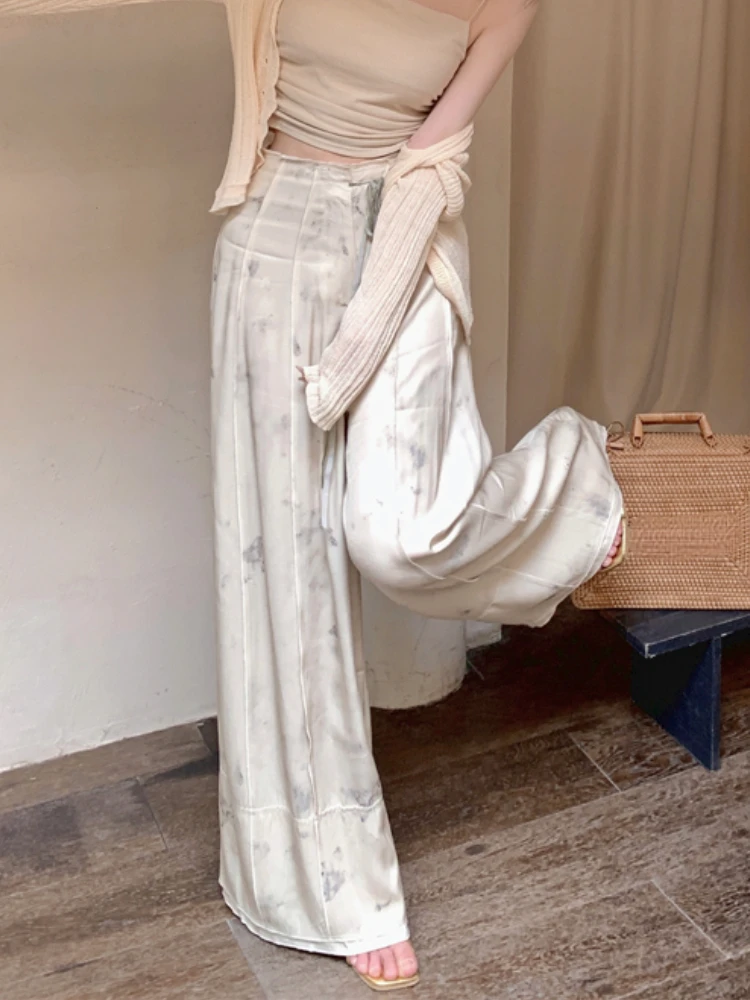 France Elegant Wide Leg Pants Women Beige Ruched Vintage Sweet Baggy Pants Female High Waist Korean Fashion Straight Pant 2023