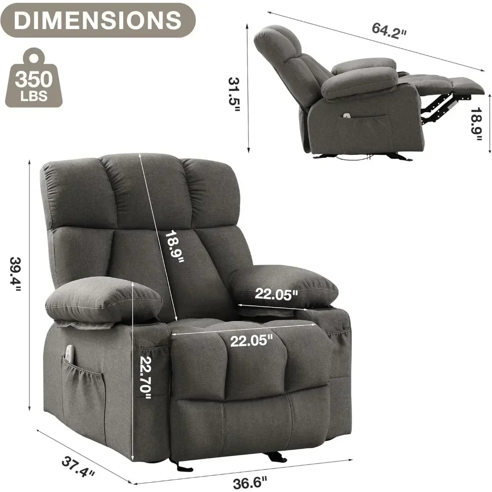 Oversized Massage Swivel Rocker Recliner Chair with Heat and Vibration Rocking with 4 Pockets, 2 Cup Holders USB Port, Chair