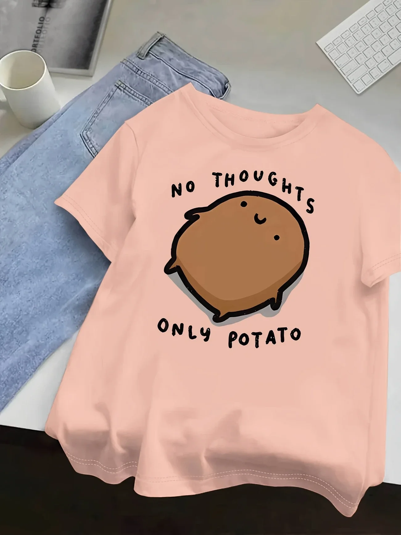 

Plus - Size Funny Potato Graphic Tee,T-Shirt Sleeve with “NO THOUGHTS ONLY POTATO” Print
