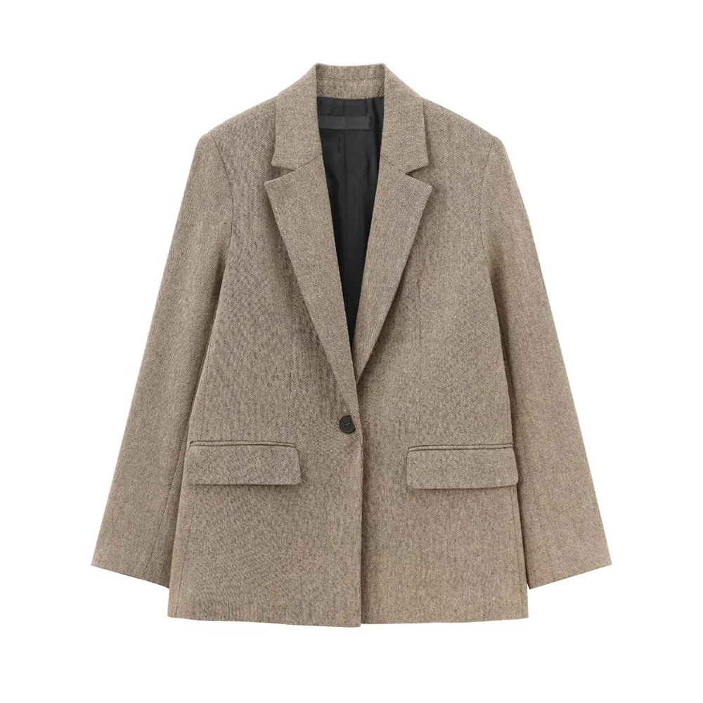 Jaket kasual wanita lengan panjang kerah lapel, model saku tertutup satu kancing, dekorasi sederhana, cocok untuk musim gugur dan musim dingin, produk baru.