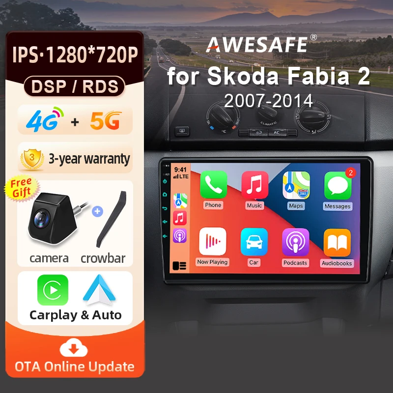 AWESAFE – autoradio sans fil CarPlay Android Auto, pour Skoda Fabia 2 2007 2008 2009-2014, systèmes intelligents, RDS, GPS, FM, BT, DSP, SWC
