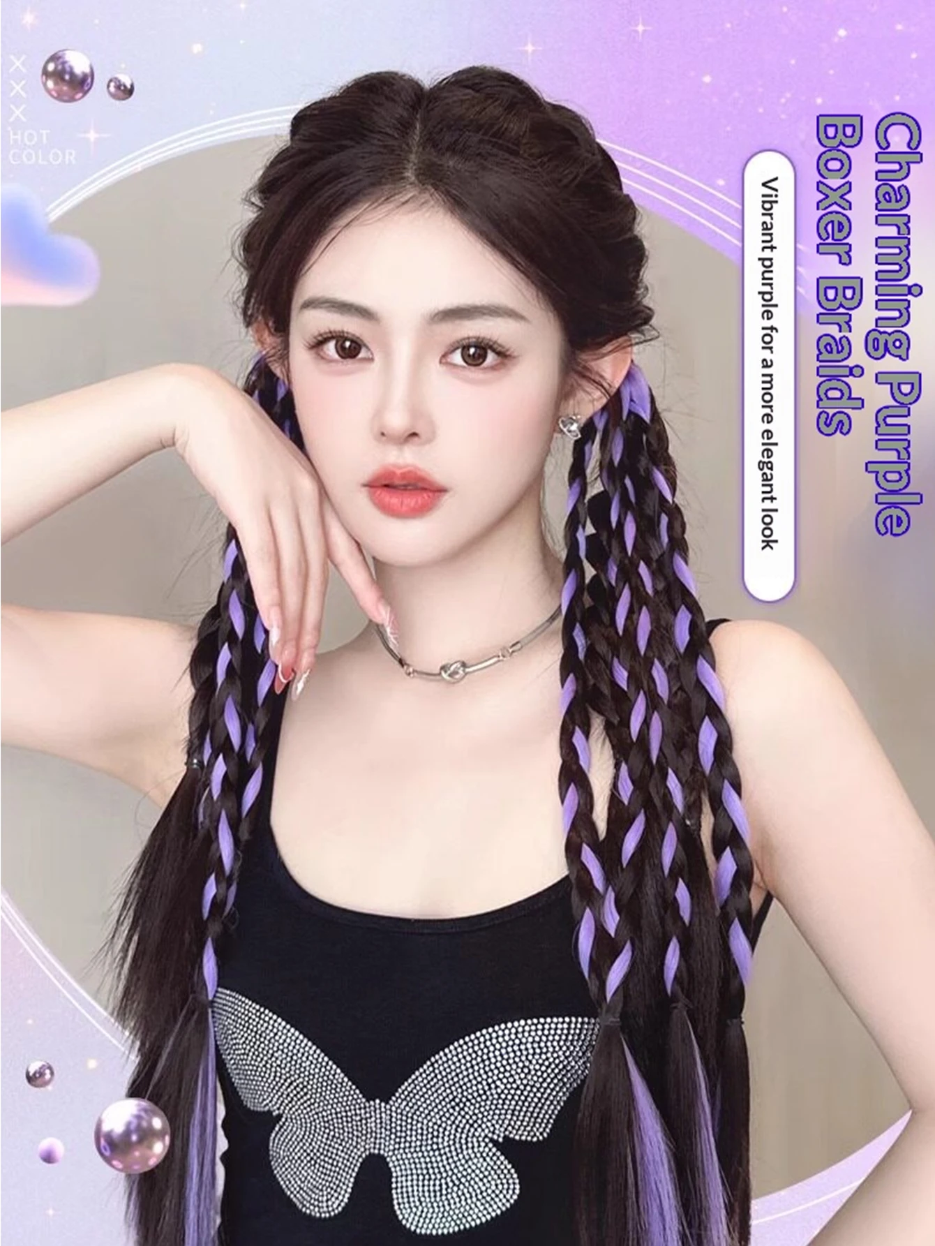 2 Pcs Elastic Band Sweet Cool Highlight Boxing Braid Ponytail Synthetic Hair Heat Resistant Hair Accessories for Women