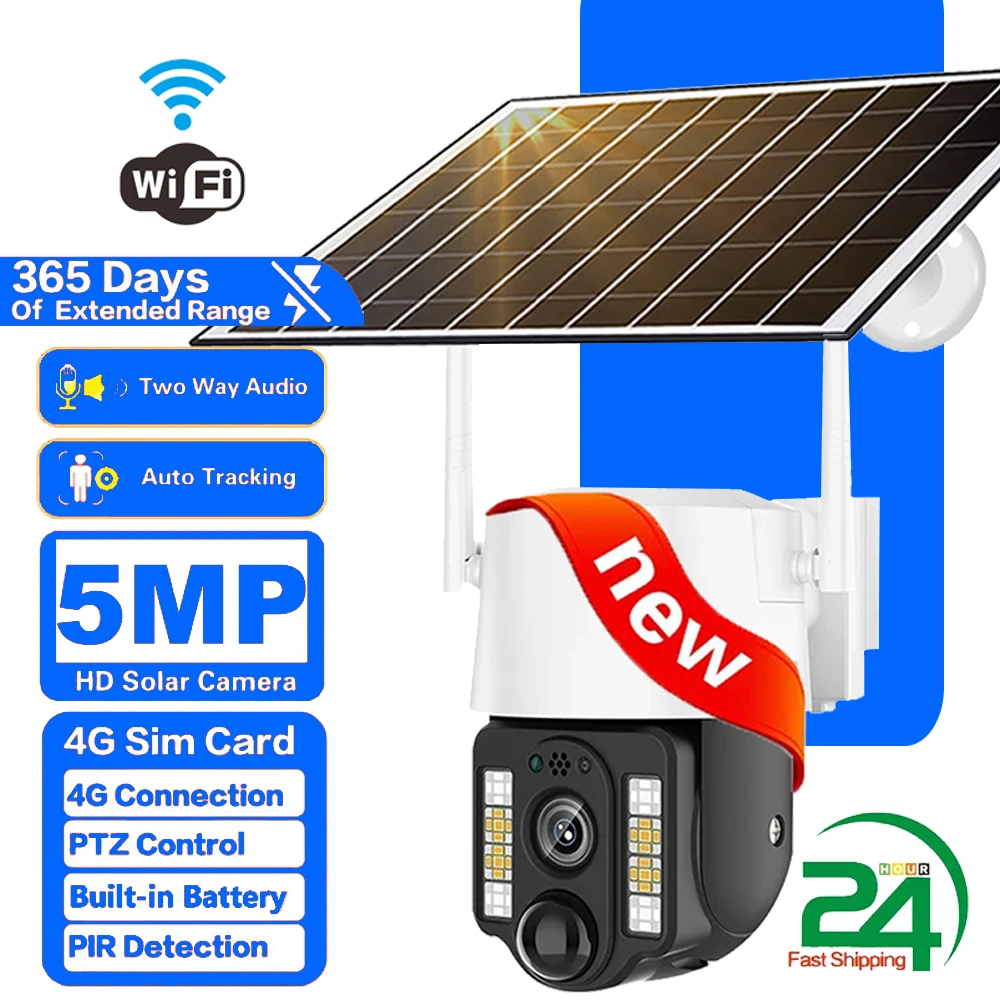 5MP Solar Camera 4G SIM Card WiFi Humanoid Detection Outdoor Night HD Smart Home Security Protection IP CCTV Video Surveillance