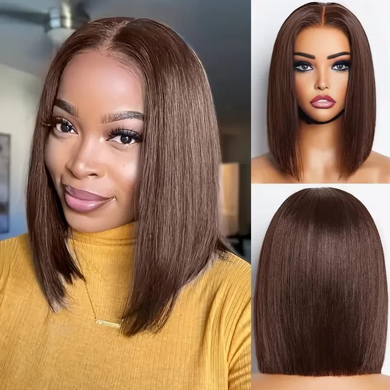 Chocolate Brown #4 Bone Straight Bob Lace Front Wig 13x4 HD Transparent Lace  Lightweight Comfortable Short Hair Wigs For Daily Work