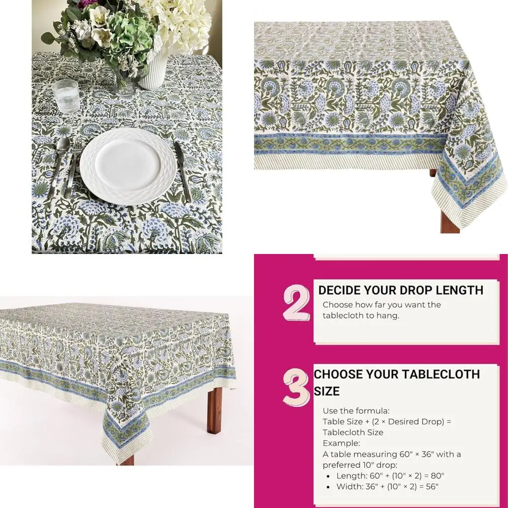 

Clover Blue Cotton Tablecloth, 100% Handblock Floral Linen for 12 Seater Dining, 72x140, Ideal for Fall, Thanksgiving, Christmas