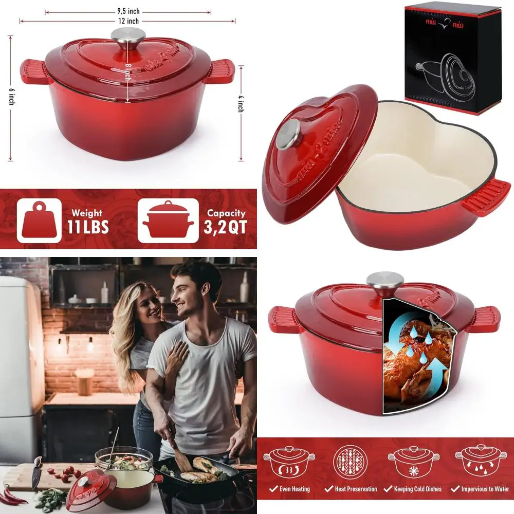

Heart-Shaped Nonstick Enamel Cast Iron Dutch Oven, 3.2 Qt, 10, All-Heat & Oven Safe, Perfect Christmas Gift