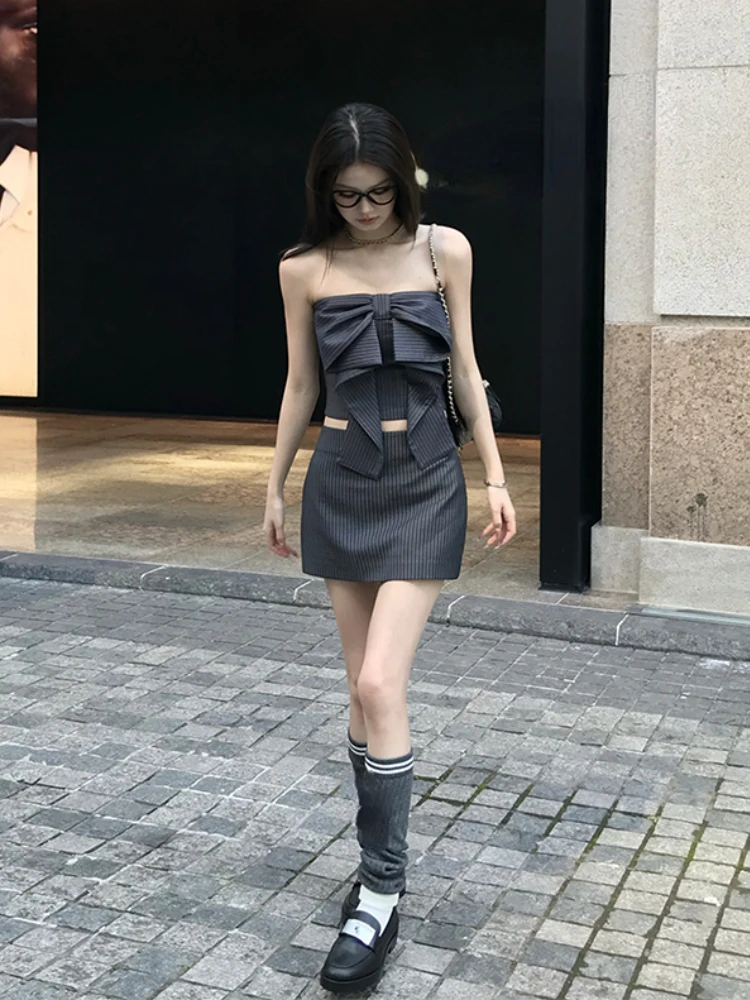 2024 Women Harajuku Y2k Elegant Skirt Sets Striped Two Piece Suit Vintage Sleeveless Crop Tops A-Line Slim Y2k Mini Skirt 2000s