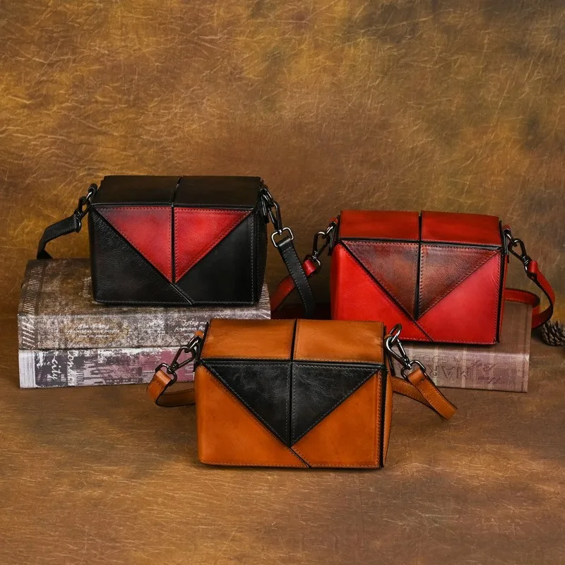 

Johnature 2025 New Retro Crossbody Bag Handmade Genuine Leather Geometric Colored Women's Shoulder Bag