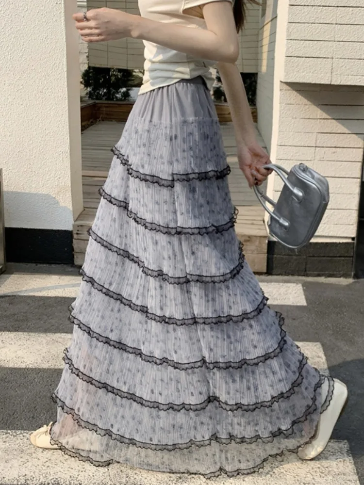 

Юбка женская летняя с уникальным принтом и кружевной отделкой, с высокой талией, А-силуэт, расклешенная, в корейском стиле, для повседневной носки, свободного кроя