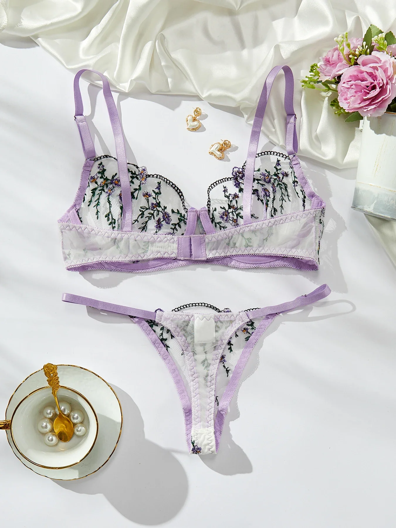 Purple Embroidery Lingerie Set Women Sheer Bra Brief Underwear Set Strappy Sexy Intimates Underwear Set