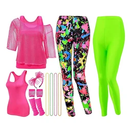 80s Retro Hippie Disco Cosplay Costume Neon Mesh T-Shirt Pants Necklace Set Women Halloween Carnival Party Prom Clothes Roleplay
