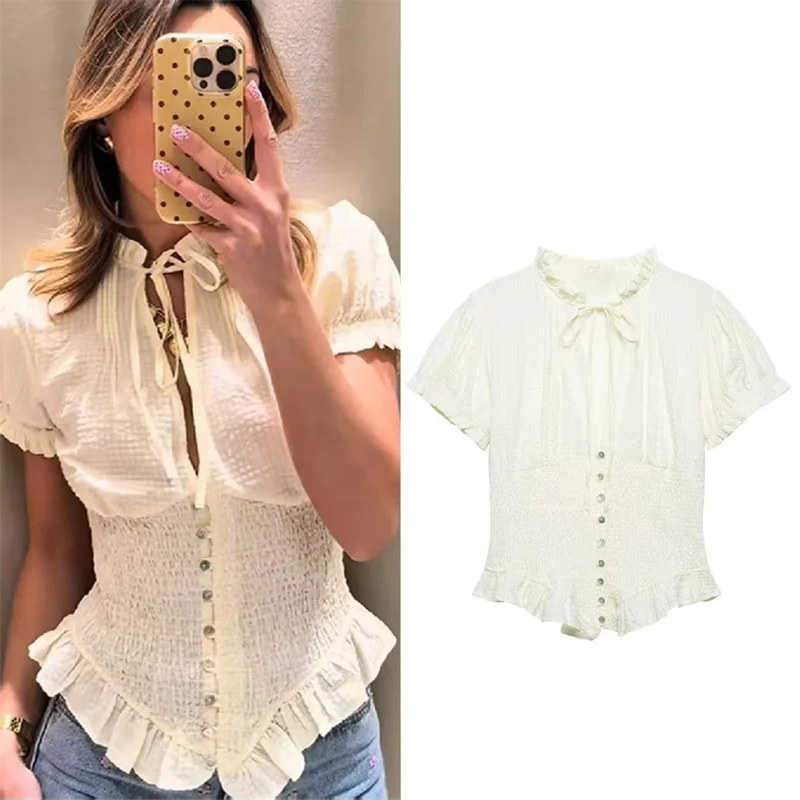 

Women's Shirt 2026 Spring New Style Light Yellow Short Sleeve Irregular Hem Slim Fit Shirt Unique Fashionable Lively and Cute