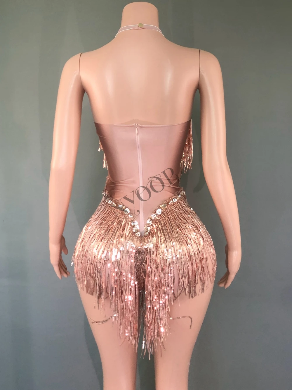 Sparkly Rhinestones Sequins Fringes Leotard Sexy Tassel Bodysuit One-piece Dance Costume Dancer Performance Show Stage Wear