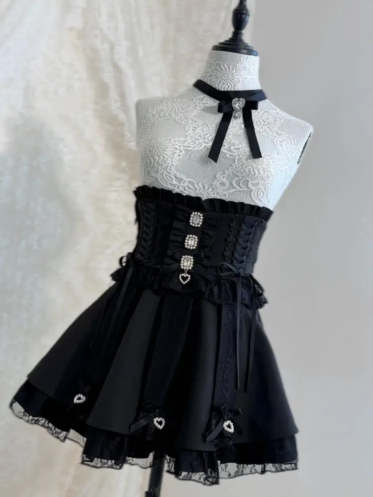 Japanese Kawaii Lolita Skirt Mass-produced Lace Women's High Waist Skirts Summer Sweet and Cute Diamond Girls Short Skirt