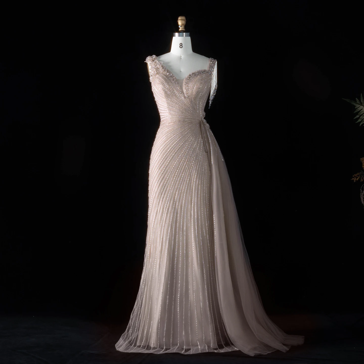 Sharon Said Abendkleid Glamouröses Grünes Tüllkleid mit Perlen und Quasten, Sweetheart-Ausschnitt, Luxuriöses Dubai-Formelles Hochzeits- und Partykleid SS103 Maßanfertigung – Detail 32