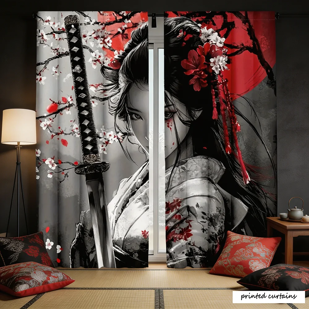 Japanischer Samurai-Stil 2D Flachbedruckte Vorhänge, Halbtransparente und Wärmeisolierende Vorhänge für Schlafzimmer, 2 Stück, Stangentaschen-Stil