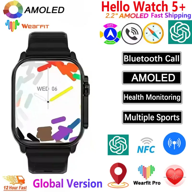 Hello Watch 5+ Smart Watch Watch NFC Bluetooth Call Heart Rate Waterproof 2.2Inch Wireless Fitness Watch 2026 New ﻿