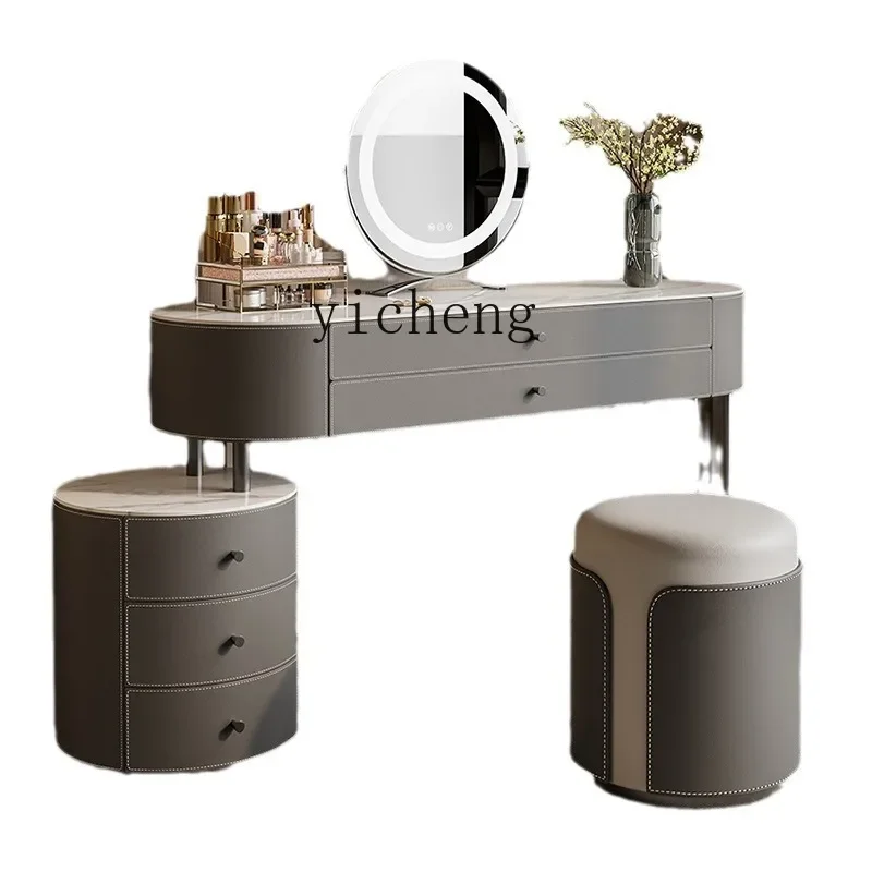 

Saddle Leather Solid Wood Dressing Table Modern Minimalist Desk Storage Locker Integrated