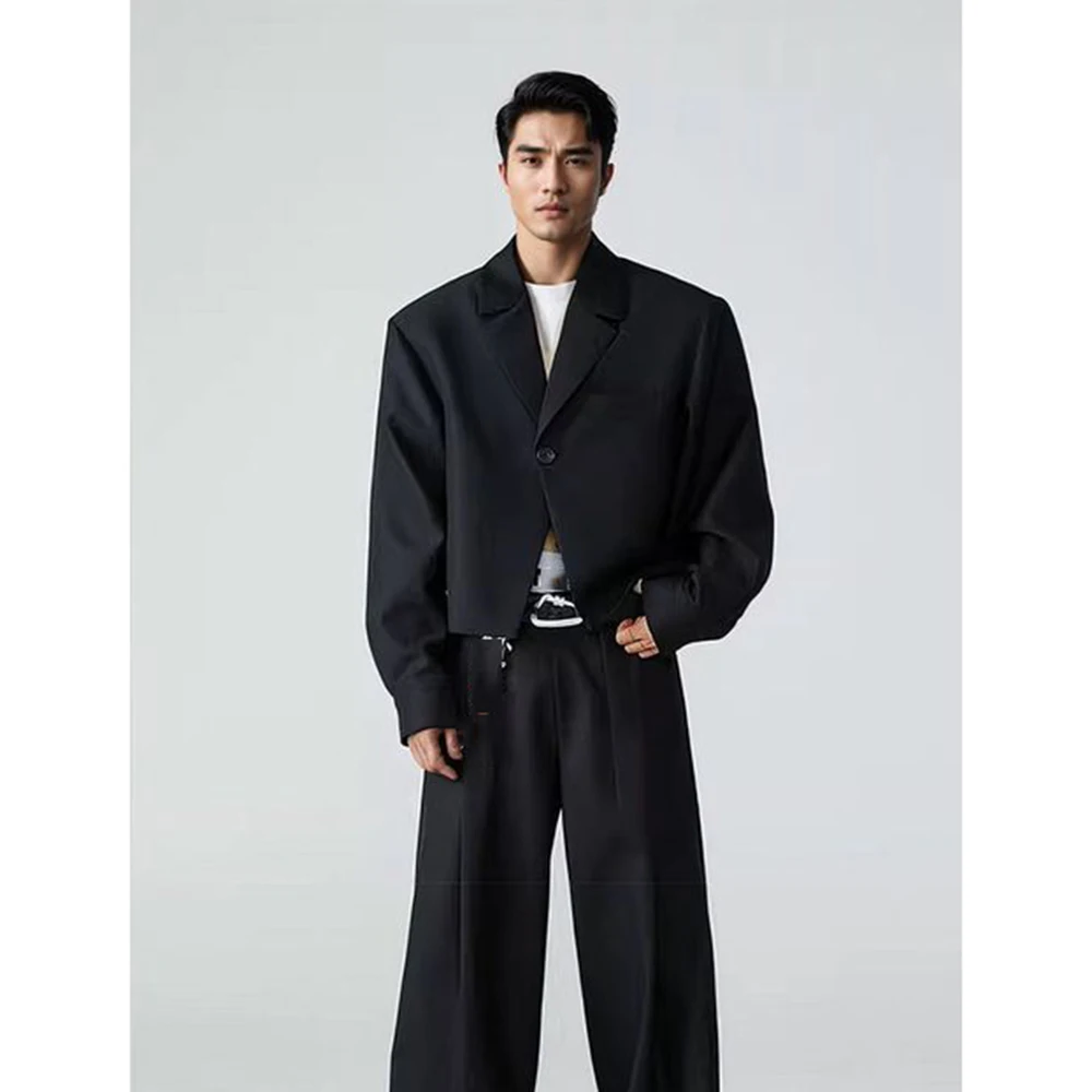 

Simple Black Notch Lapel Men Suit 2 Piece Short Jacket Pant Set Single-Breasted Loose Office Casual Male Clothing Outfit