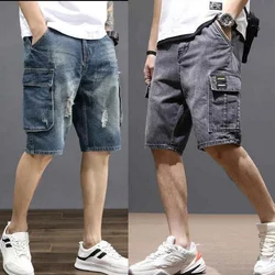 Men Jeans Summer Loose Male Wide Leg Knee Length Shorts Summer Multi Pocket  Washed Denim Shorts