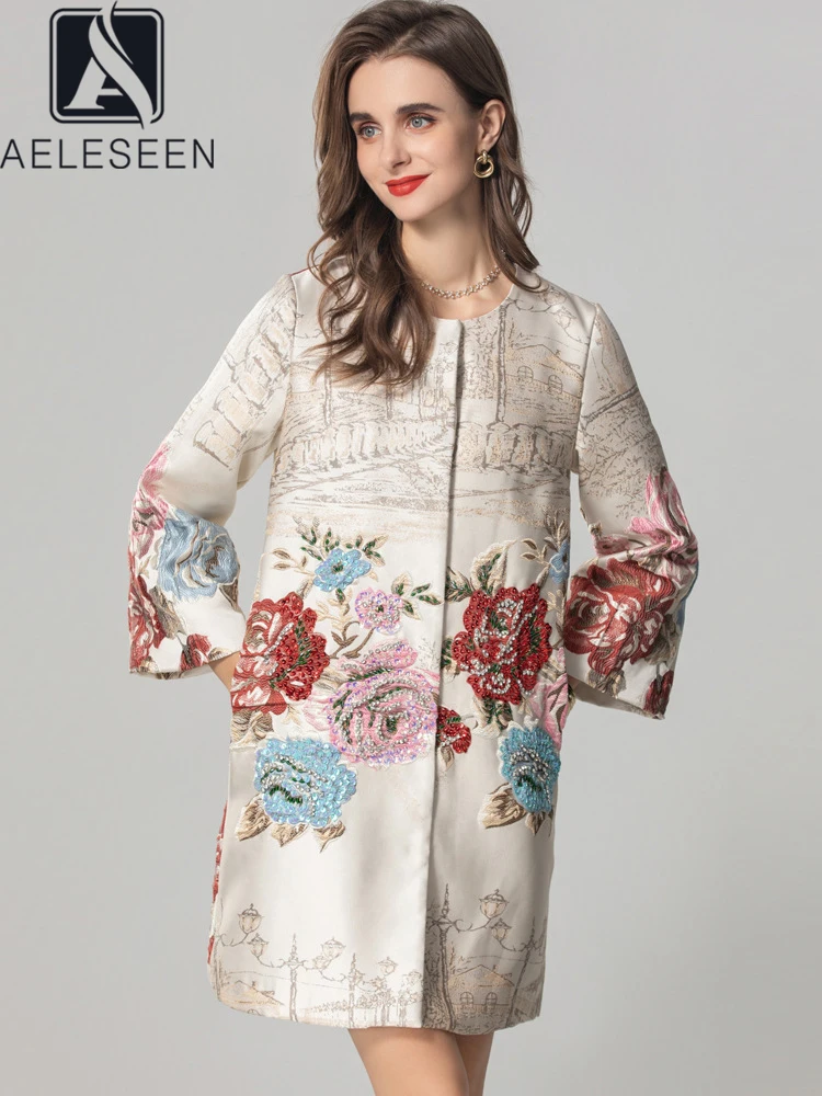 

AELESEEN Designer Fashion Autumn Winter Long Coat Women High Quality Flower Print Jacquard Diamonds Beading Sequins Loose Trench