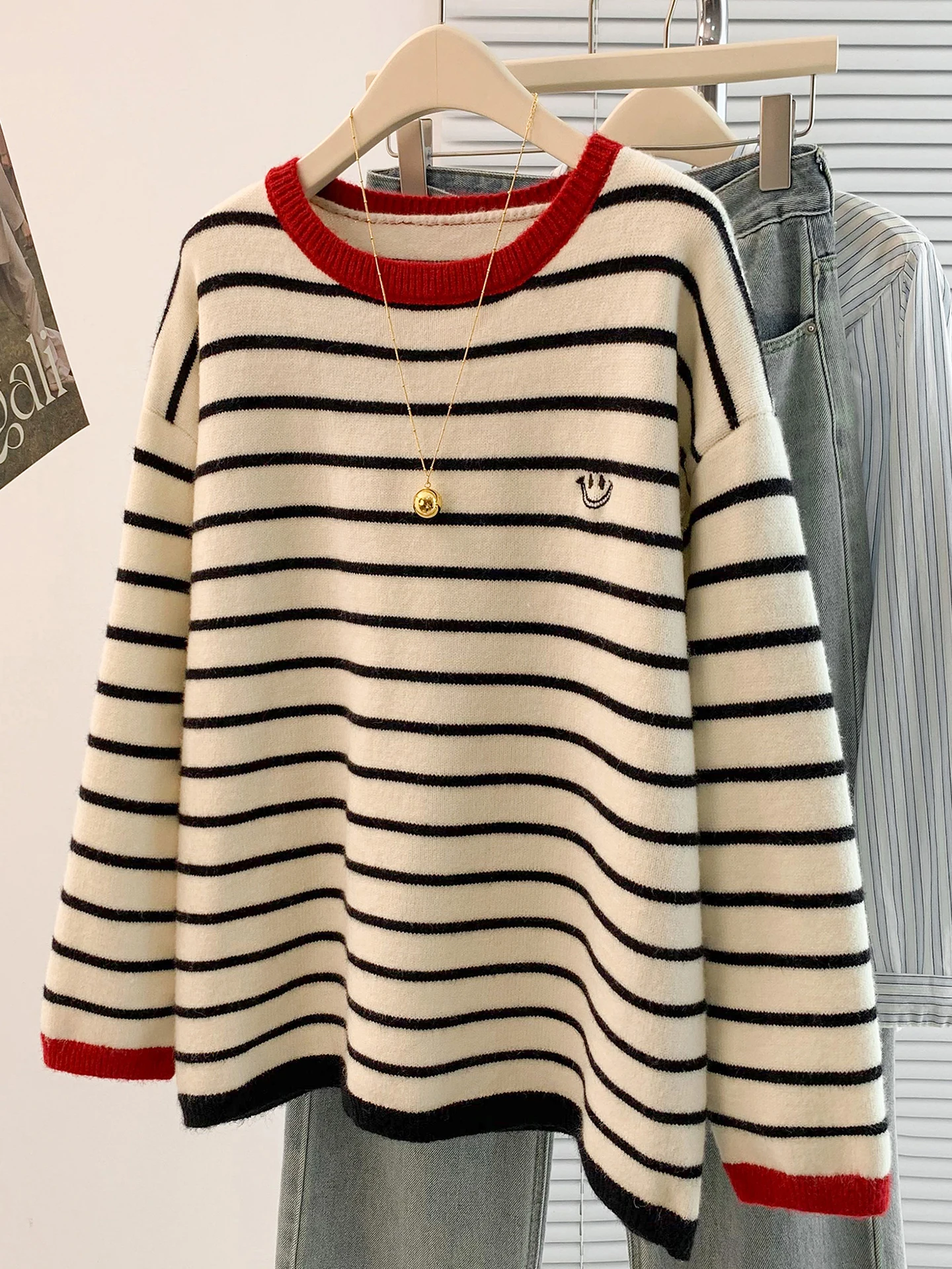 فضفاض محبوك جولة Ne سترة المرأة مكافحة الشيخوخة الشتاء أعلى البطن إخفاء اللون بلو مخطط الكورية Sle الملابس الداخلية #3