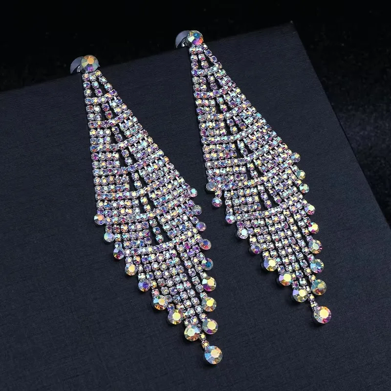 TREAZY Gorgeous Silver Plated Bridal Tassel Drop Earrings Sparkling Full Rhinestone Crystal Long Dangle Earrings Wedding Jewelry