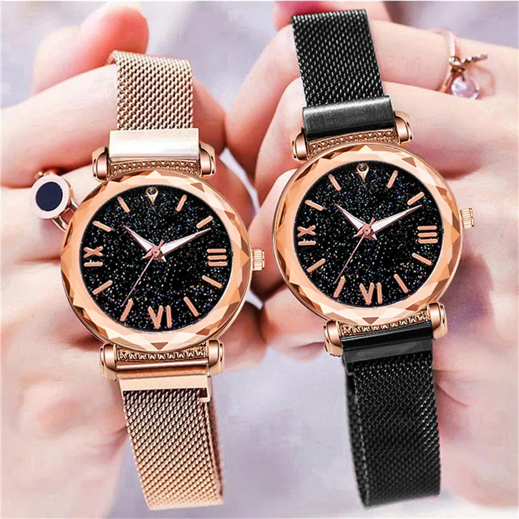 Lucky Lace Women Watch Bracelet Fashion Magnet Buckle Rose Gold Ladies Wristwatch Starry Sky Roman Scale Clock