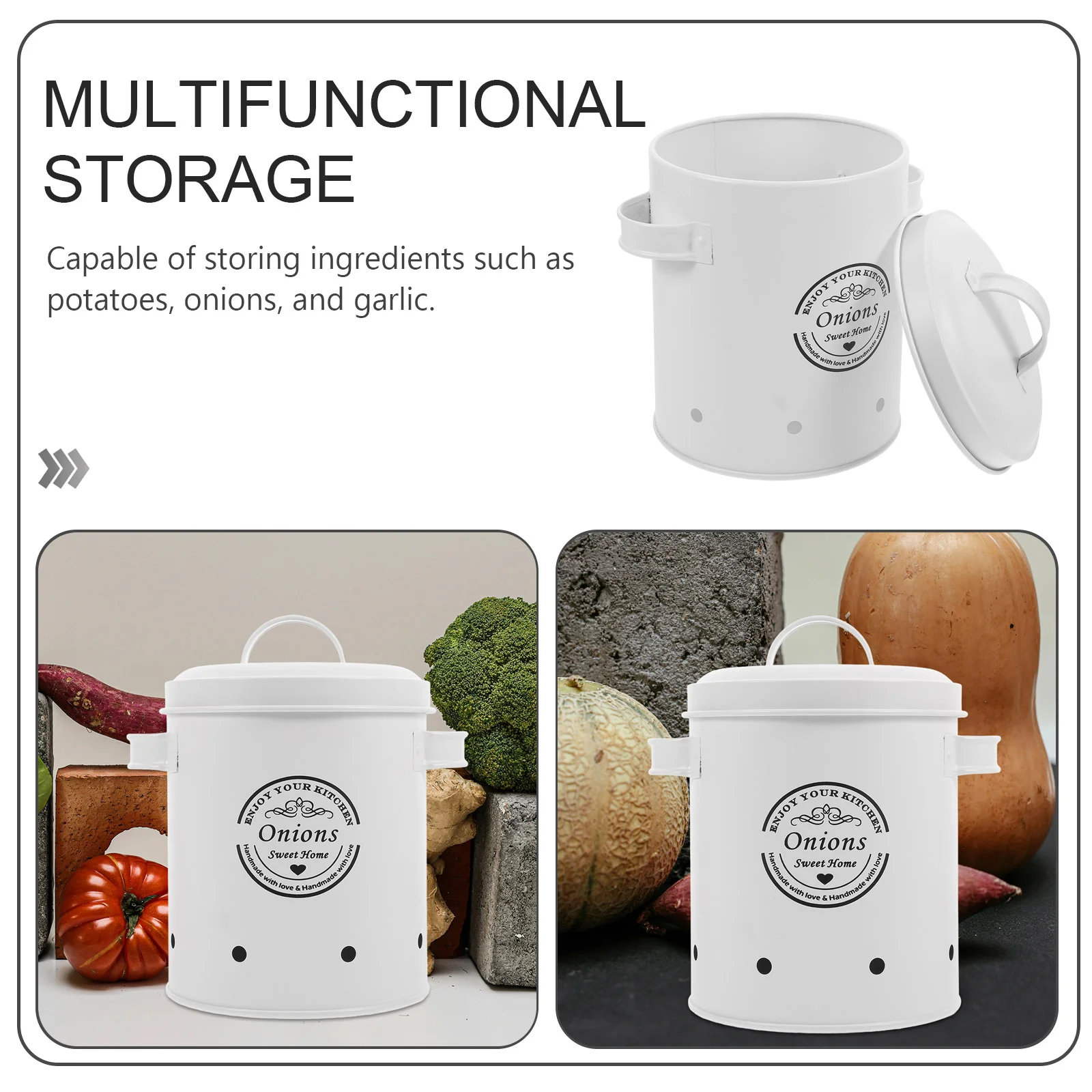 Vegetable Storage Barrel Onion Food Containers with Lids Kitchen Garlic Jar Ginger for Home Holder Iron Countertop