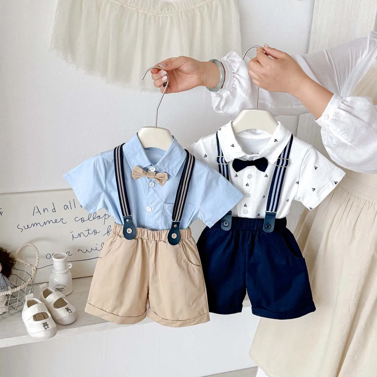 

Children's Gentlemen's Clothing, Tie and Suspender Set, Short Sleeved Shirt, Handsome Summer Performance Outfit for Boys