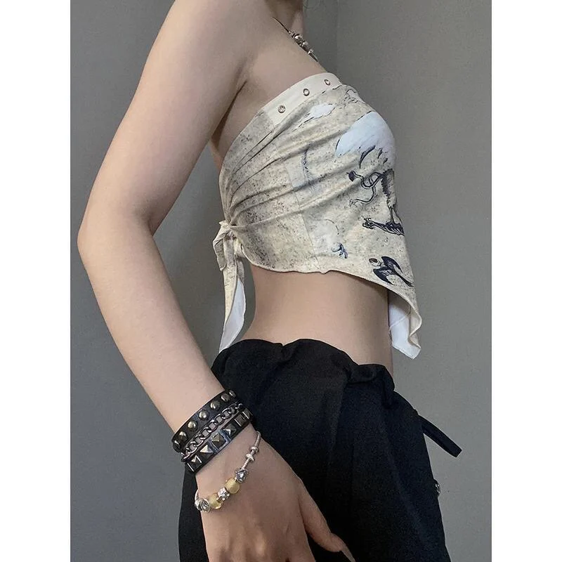 توب نسائي مثير بدون حمالات بتصميم ريترو كورت، بخصر غير متماثل ومشدود، مكشوف الظهر، عصري لصيف أنيق #2