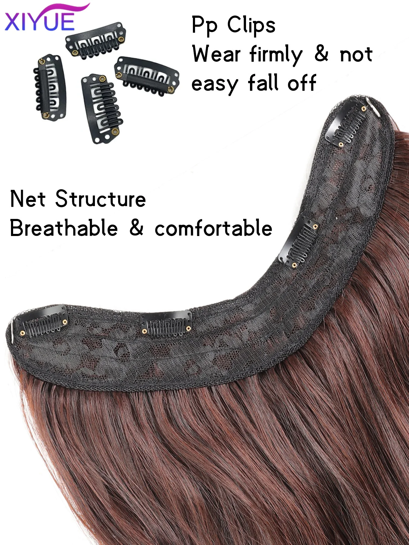 XIYUE 20Inch Synthetic Long Wavy Curly 4 Clip in Hair Extension V-shaped Heat Resistant Black Blonde Hairpiece for Women