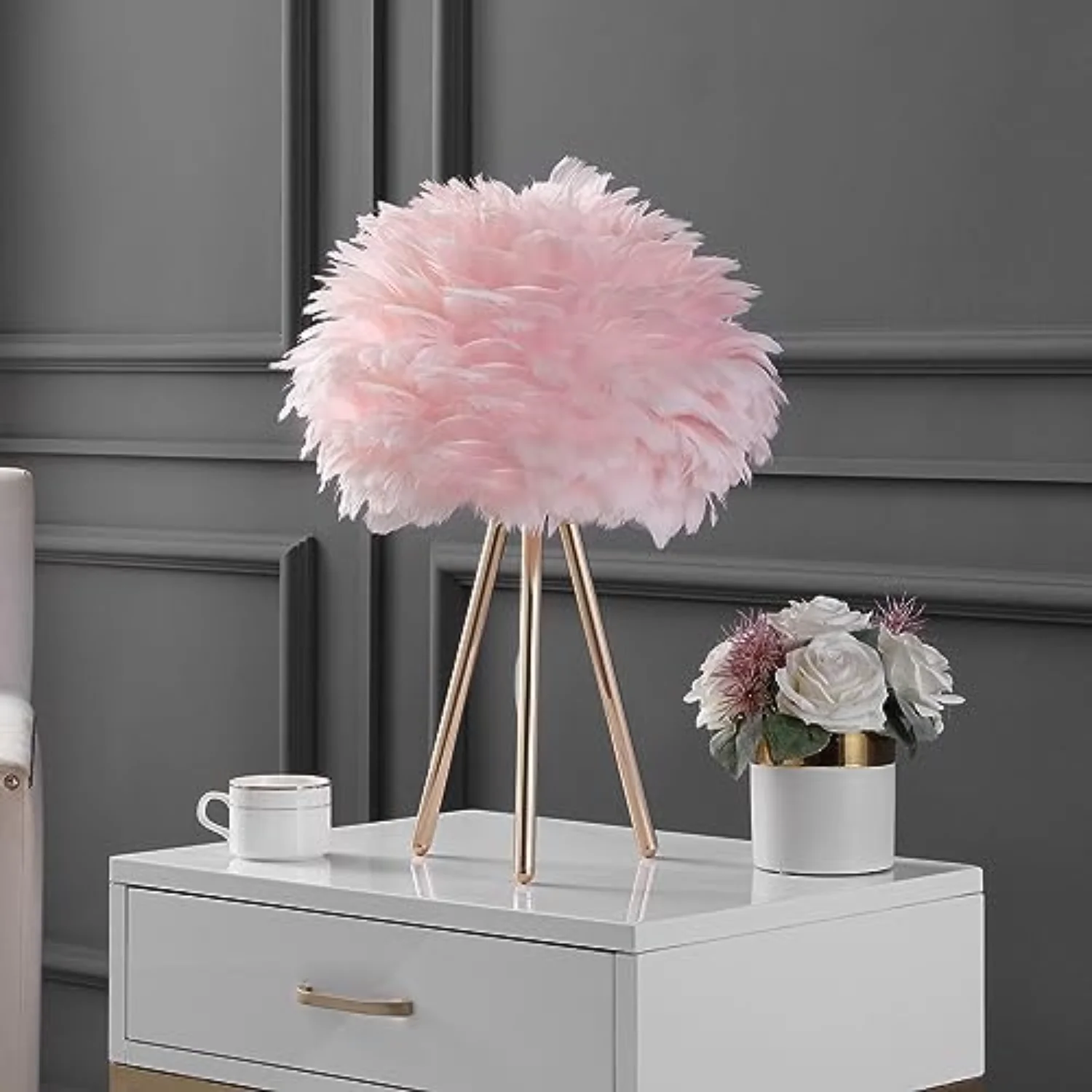 White Feather Lamp Tripod Lamp for for Girls Bedrooms Living Room Aesthetic Decor Desk Lamp Unique Bedside Lamps Gold Large  (Tr