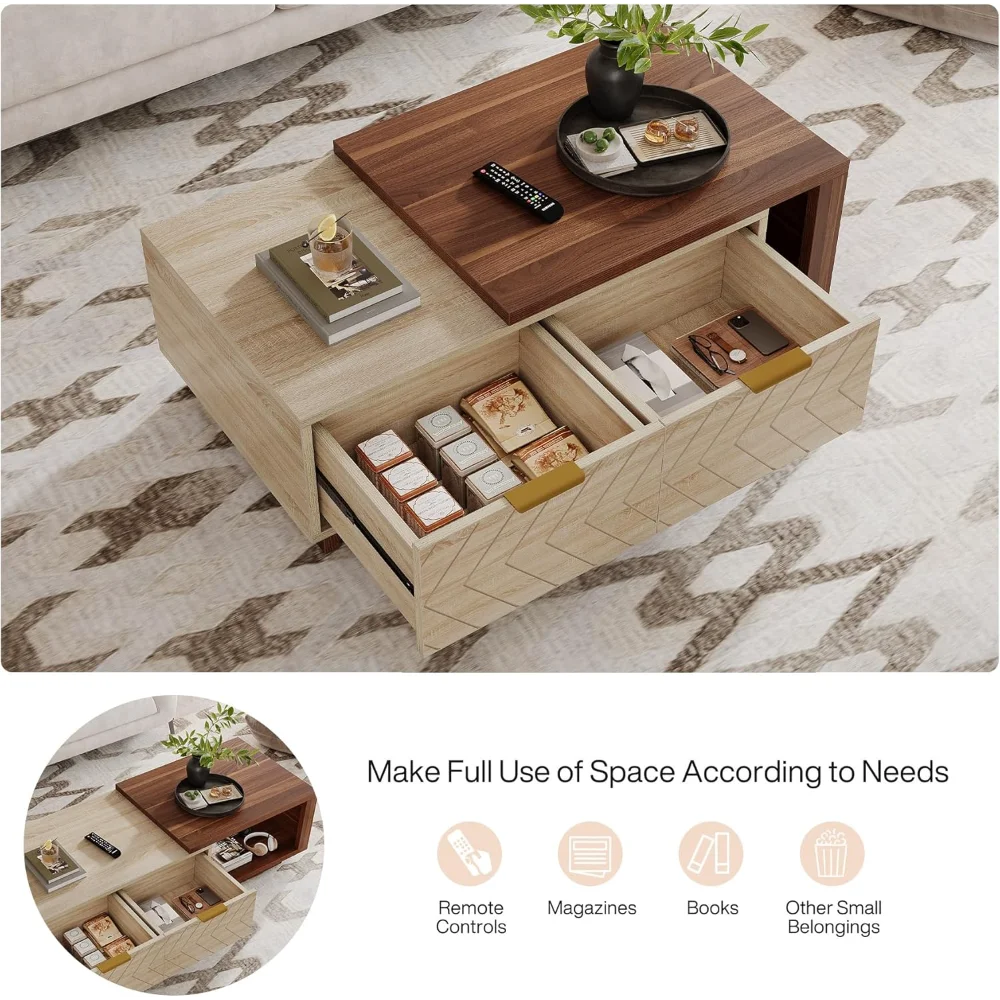 42"-65" Extendable Dual-Tone Coffee Table - Walnut & Oak Reversible Wood Table with 2 Storage Drawers