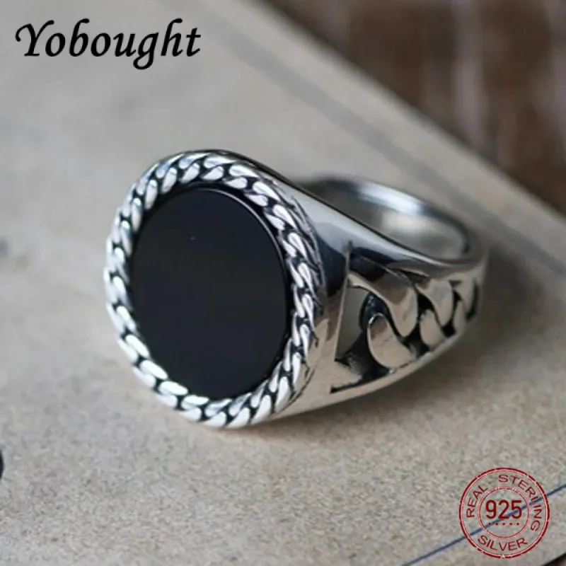 

New 100% Solid S925 Silver Lotus Pattern Inlaid with Black Agate Fashionable Man Ring with Personality