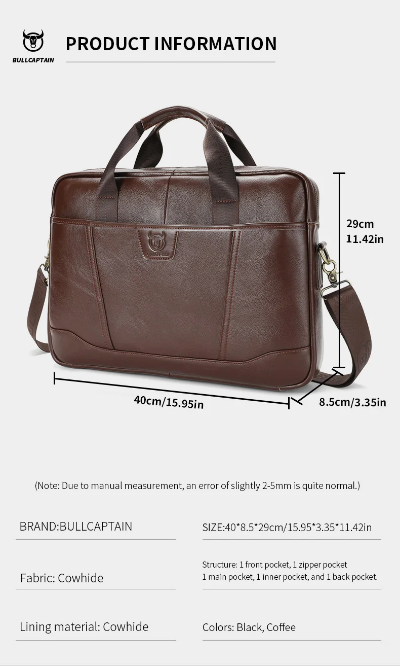 BULLCAPTAIN Men's Briefcase Bag Top Layer Leather Handcrafted Laptop Bag with Multiple Compartments Business Shoulder Messenger
