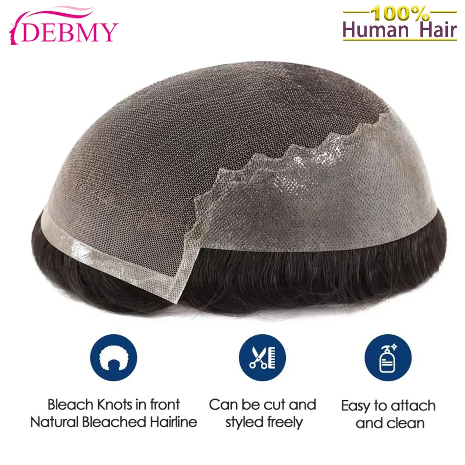 Q6 Base Men Toupee Natural Lace Hairline Human Hair Male Wig Swiss Lace Front Hair Replacement System Unit Man Wig Prosthesis