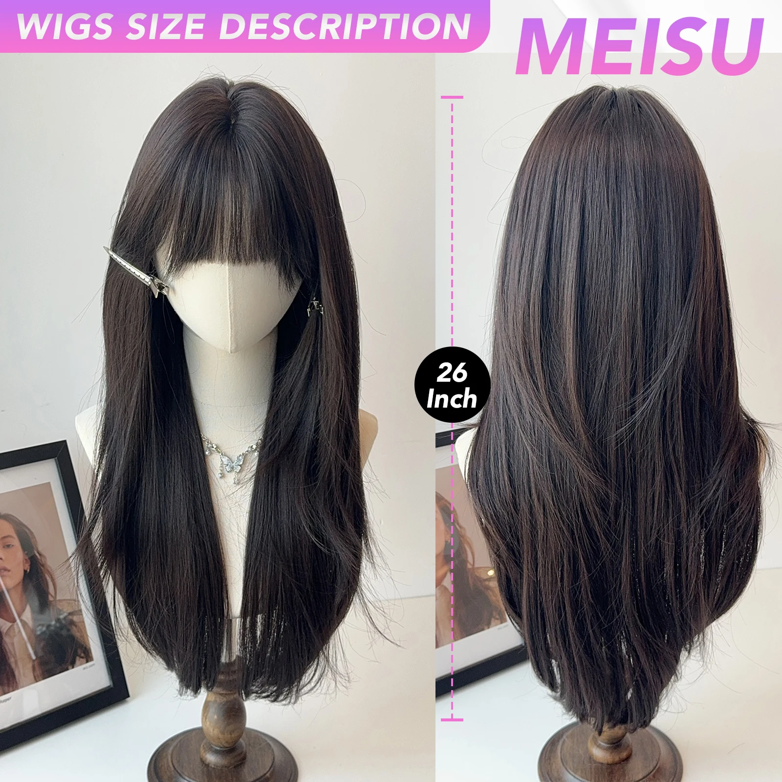 MEISU 26 بوصة الاصطناعية شعر مستعار مستقيم الانفجارات الهوائية الشعر بني داكن مقاومة للحرارة الطبيعية وسلسة ارتداء اليومي للنساء