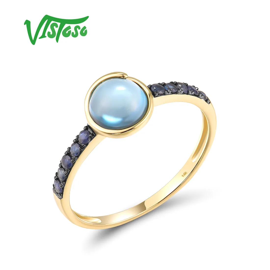 VISTOSO Authentic 14K 585 Yellow Gold Rings For Women Genuine Blue Sapphire London Topaz Simple Round Charming Chic Fine Jewelry