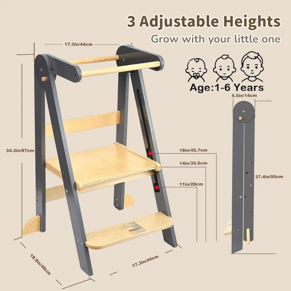 Taburete plegable de cocina premontado، torre plegable para learn con 3 alturas ajustables، torre Montessori para niños de 1.