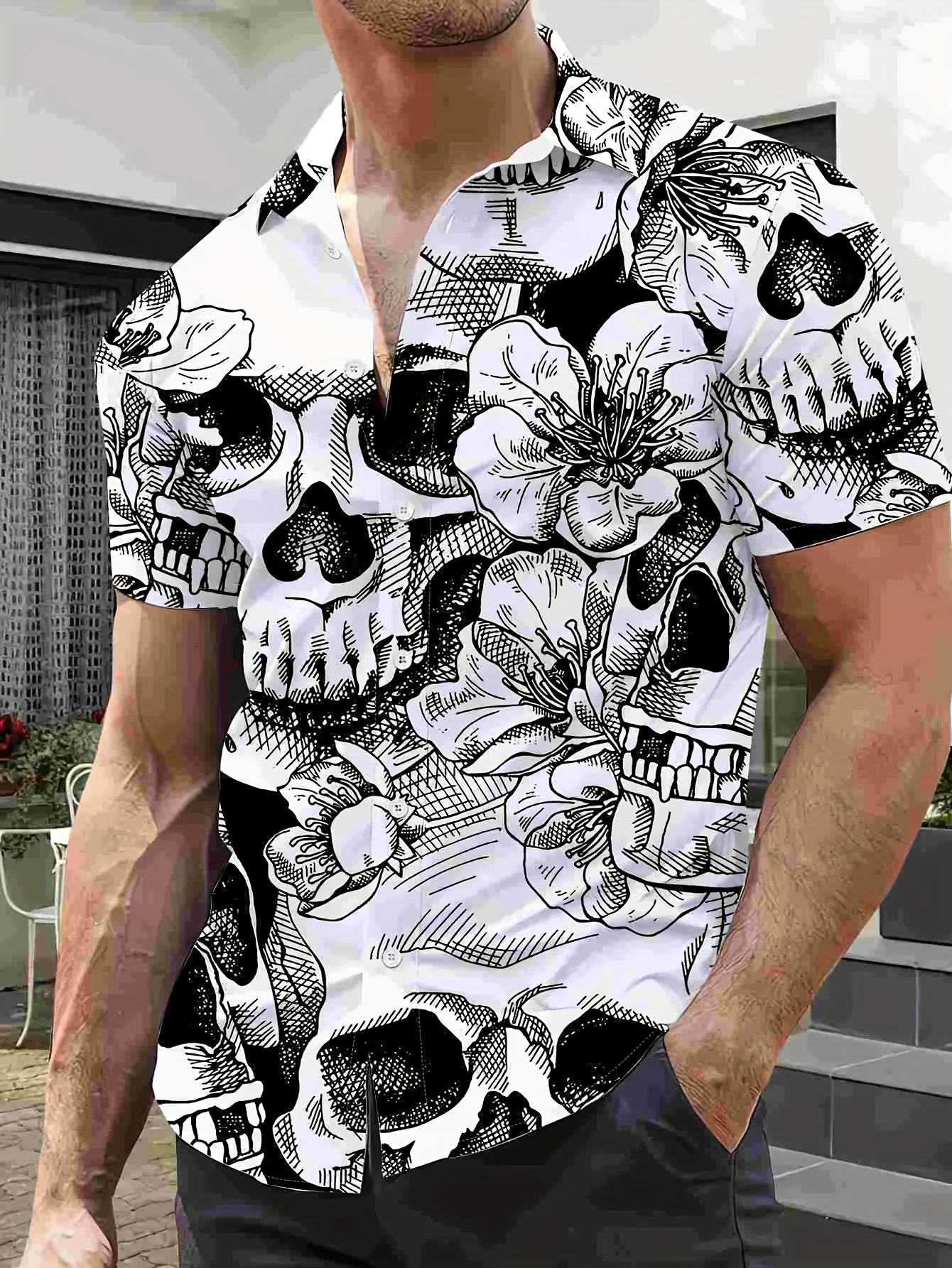 2026 Summer Men's Shirt with Skull Pattern Breathable and Lightweight Casual Roller Skating Hip-Hop Men's Clothing
