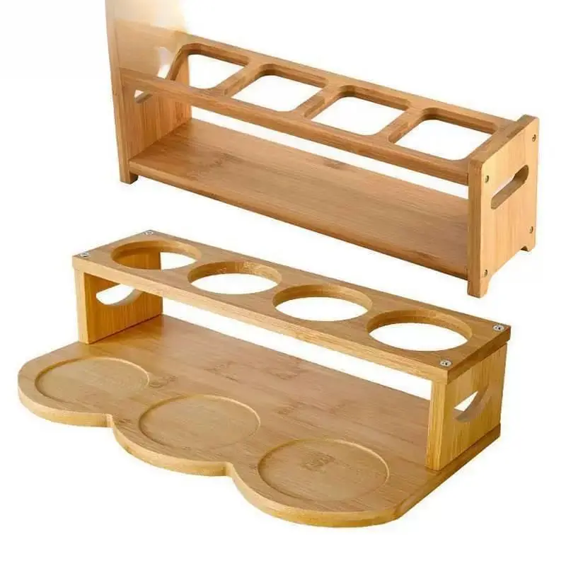 Prateleira de bambu com furos redondos para temperos de cozinha, organizador de garrafas de óleo para bancada, suporte para utensílios de cozinha.
